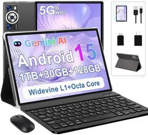 DEERTiME Android 15 Tablet 30GB RAM 128GB ROM 1TB TF, 2025 Electronics Tablets 10.1 Inch 8000mAh with Keyboard Mouse, 2.0GHz, 5G WiFi, BT 5.0, GMS Certified, Incell Display, Gemini AI - Metal Black