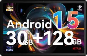 Gleeso Tablet, Android 15, 30GB+128GB+1TB Expand, 6200mAh, 15W Fast Charge, Dual Camera, WiFi 6, BT 5.4, GMS Certified, Widevine L1 HD 10 Inch Tablet with Split Screen(Black)