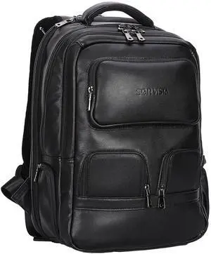 STAR VISTA 15.6" Raphael Calfskin Leather Laptop Backpack, Multi Pockets, Casual Outdoor Business Travel Rucksack, YKK Zippers, Black
