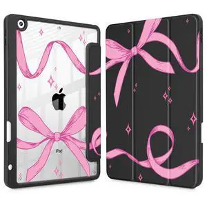 Tuiklol for iPad 10.2 case 2021 Gen 9th Release Built in Pencil Holder - Trifold Stand-Auto Wake/Sleep TPU Protection Stand Clear Back Cover for 2020 2019 [8th/7th] iPad 10.2 Case,Bow-Black