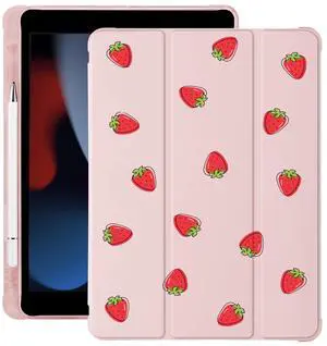 Cute Kawaii Strawberry for iPad Air 11 Inch Case 7th/6th Generation (M3/M2) 2025 2024 with Pencil Holder, Auto Sleep/Wake, Pink Leather Soft TPU Back Cover