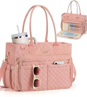 Teacher Tote Bags for Women, 15.6 inch Laptop Work Tote Nurse Bible Bag With Large Cup Holder & Insulated Pocket Quilted Shoulder Handbag Laptop Briefcase for Work, Daily, School, Travel, Gifts