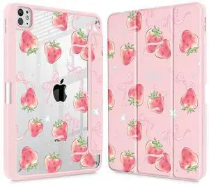 May Chen Case for iPad Pro 11-Inch M5/M4 2025/2024 (6th/5th Generation), Clear Transparent Print Back Shell Slim Stand Shockproof Tablet Cover, Auto Wake/Sleep, Bow Strawberry