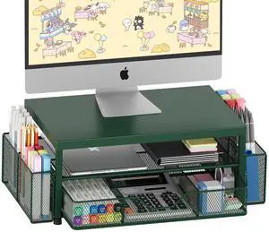 OPNICE Desk Organizers and Accessories, 2-Tier Computer Monitor Stand Riser with Drawer and 2 Pen Holders, Laptop Stand, Office Desk Accessories for Office Supplies, Dark Green