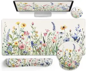 LIMKRIAN Flower Mouse Pad Set Large Desk Matt for Desktop, Ergonomic Mouse Pad with Wrist Rest, Gaming Wrist Support Keyboard Mat Cup Coaster Set Cute Office Desk Decor Accessories