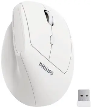PHILIPS Ergonomic Mouse - Vertical Mouse with 800/1200/1600 Adjustable DPI, 6 Silent Buttons, Auto Power Saving,Light Weight,2.4GHz Wireless Mouse for Laptop,Desktop, PC- White