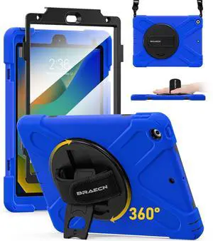 BRAECN for iPad 9th/8th/7th Generation Case, iPad 10.2 inch Heavy Duty Rugged Case with Built in Screen Protector, Hand Strap, Swiveling Stand/Shoulder Straps for iPad 10.2 2021/2021/2019-Blue