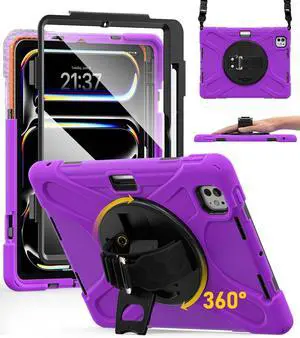 BRAECN Case for iPad Pro 11 inch M5 2025 & M4 2024, 4 Layers Heavy Duty Full-Body Protection Screen Protector Pencil Holder, 360° Rotating Handle Kickstand, Shoulder Strap Kids Friendly