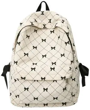 MININAI Cute Bow Print Corduroy Backpack for Women College Preppy Kawaii Coquette Laptop Book Bag Korean Aesthetic Daypack (White)