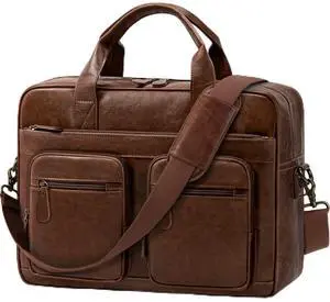 RAINSMORE Vintage Messenger Bag Men PU Vegan Leather Laptop Bag 15.6 Inch Waterproof Briefcase Mens Large Computer Bag for Work Office Travel Retro Satchel Bags for Men Professional Dark Brown