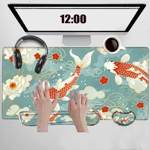 Koi Fish Desk Mat Set Carp Mousepad Gaming Mouse Pad and Keyborad Wrist Rest XXL Desk Pad 31.5" x 15.75" Computer Mat Large Mouse Pads with Wrist Support
