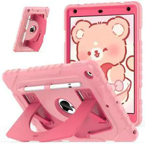 OKP Kids Case for iPad 9th/8th/7th Generation 10.2 Inch (2021/2020/2019), Heavy Duty Rugged 9 8 7 th Gen iPad Protective Cover with Built-in Kickstand, Pencil Holder for Kids Girls Boys, Pink+Rose Red