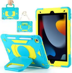 Case for iPad 9th Generation (2021) /iPad 8th Gen (2020)/iPad 7th Gen (2019), Military Grade Shockproof iPad Case Built-in 360°Rotating Stand/Pen Slot/Shoulder Strap, for iPad 10.2 (Blue+Yellow)