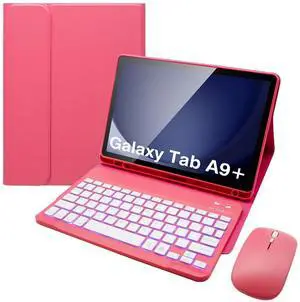 Keyboard Case for Samsung Galaxy Tab A9 Plus 11 Inch - 7 Colors Backlit Wireless Detachable Folio Keyboard Cover with Pencil Holder, Bluetooth Mouse for Tablet A9+,Red