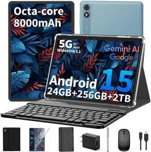 Android 15 Tablet 10 inch, 2025 Tablet with Keyboard, 24GB+256GB+2TB Expand, 2-in-1 Tablets with 8-Core, 5G WiFi, 8000mAh, BT5.0, GMS Certified, with Mouse, Case, Stylus, Split Screen(Black case)