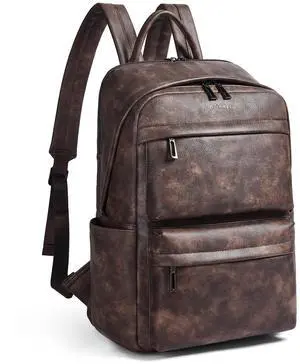 tiamyi Leather Laptop Backpack for Women, Fits 15.6 Inch Laptop, Leather Backpack with 2 Water Bottle Pockets, Hidden Zipper and Luggage Strap, Ideal for Work, Travel, College, Everyday Use, Coffee