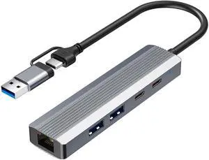 Viilinany 5-in-1 USB C Hub Adapter with Gigabit Ethernet, 2X USB 3.0 Ports, 2X USB C Data Ports, for Windows MacOS Linux Computers and Laptops