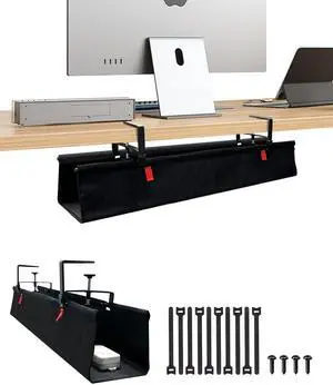 No Drill Cable Management Under Desk, 28" Cord Organizer for Table, Clamp/Screw Mount Cable Tray, Premium Black Fabric Desk Cord Management Tray for Office, Home (Regular (28 in))