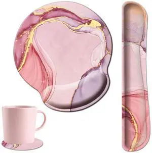 3 in 1 Ergonomic Mouse Pad, Keyboard Wrist Rest with Coaster Set, Memory Foam Keyboard Pad & Mouse Pad for Office, Computer Gaming Comfort (Rose Gold)