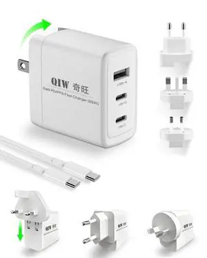 QIW 65W 3-Port PD/PPS GaN III USB C Fast Charger Block with Cable, Universal Travel Adapter (US/EU/UK/AU) for Laptops, Phones & Switch 2 (MacBook, iPhone 17 Pro Max/Air, Galaxy S25, Surface Pro)