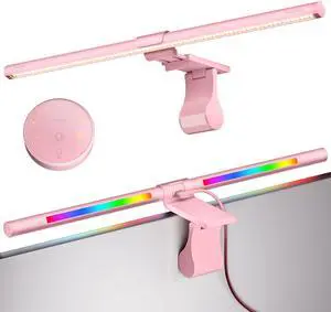 Quntis 20" Pink RGB Monitor Light Bar, 15 Gaming Backlight Modes, Eye-Care No Glare, Adjustable Frontlight Brightness & Color Temperature Remote Control, Modern Aesthetic USB Reading Monitor Lamp