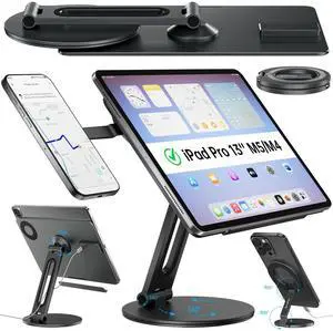 Aioopro 2-in-1 Magnetic Wireless Charging Stand for iPad Pro 13" M4/M5 & Magnetic Phone Holder for iPhone 17-12, 360° Rotating 180° Foldable Aluminum Tablet Stand for Desk with 1M USB Cable