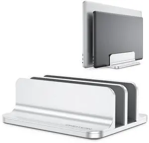 OMOTON Vertical Laptop Stand [Updated Double Version], Desktop Aluminum Mac Book Stand with Adjustable Dock Size, Fits All Mac Book, Surface, Chrome Book and Gaming Laptops (Up to 17.3 inch) (Silver)