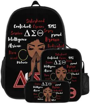Sorority Paraphernalia Backpack Set with Insulated Lunch Box & Pencil Case - 17" Durable Laptop Backpack Sorority Gifts Bags (Black, One Size)