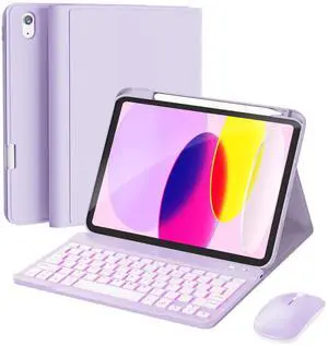 RAYMCRAFT for iPad 11th (A16, 2025) / 10th Generation Case with Keyboard, Mouse and Detachable Wireless Keyboard, 7-Color Backlight, Slim Case with Pencil Holder, Purple