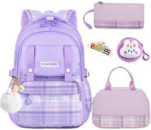 6Pcs Kawaii Backpack Set, Purple Bookbag Plaid Laptop Bag Water-Resistant Lightweight Daypack, Large Capacity School Bag Double Shoulder Backpack with Chest Strap (Purple)