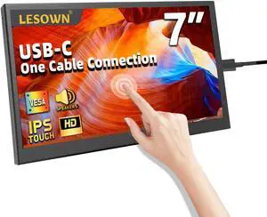 LESOWN 7 Inch USB-C HDMI Portable Touch Monitor FHD 1024x600 IPS LCD Touchscreen Built in Speakers External Monitor for Laptop PC Phone Mac