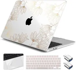 Yebiseven for MacBook Air 13.6 Inch M4/M3/M2 Case 2025 2024 2023 2022 Released A3240/A3113/A2681, Laptop Hard Shell Case with Keyboard Cover & Trackpad Protector & 2 OTG Adapters, Golden Flowers