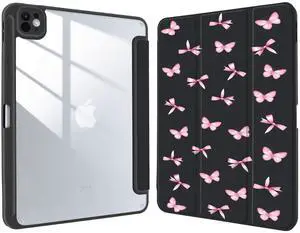 for iPad Air 13 Inch Case M3 2025/M2 2024 with Pencil Holder,Girly Pink Bow Butterfly Black Leather Clear Cover Acrylic Back Protective Shell,Auto Wake/Sleep