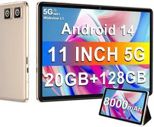 DMOAO Tablet 2025 11 Inch Tablet Android 14 Tablets with 128GB + 20GB Large Storage, Octa-Core 2.0Ghz, 8000mAh,18W Fast Charging, 5G WiFi, GPS, 5+13MP Camera, Widevine L1, Face Unlock-Gold