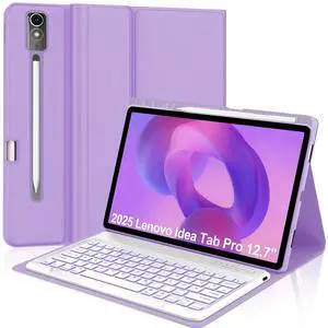 Keyboard Case for Lenovo Idea Tab Pro 12.7'' 2025, Backlit Keyboard for Idea Tab Pro 12.7inch Case with Pen Holder, Smart Cover Folio for Lenovo 2025 Tablet Keypad with Adjustable View Angles, Purple