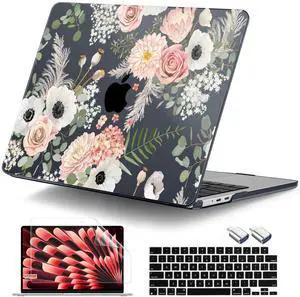 DONGKE for MacBook Air 13.6 Inch Case 2025 2024-2022 A3240 A3113 A2681 M4 M3 M2 Chip Touch ID, Plastic Hard Shell & Keyboard Cover & Type C Adapter for MacBook Air 13 inch M4, Dried Flowers