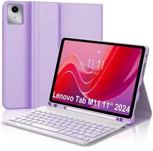 Keyboard Case for Lenovo Tab M11 / Tab K11 LTE 2024 11 Inch, 7 Colors Backlit, Wireless Detachable Bluetooth Keyboard, Magnetic PU Leather Cover Case Built-in Pen Holder, Auto Sleep/Wake, Purple