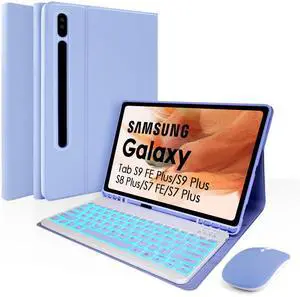Keyboard Case for Samsung Galaxy Tab S10 Plus/S9 Plus/S9 FE Plus/S8 Plus/S7 Plus/S7 FE 12.4 Inch, 7 Color Backlit, Detachable Bluetooth Keyboard Case with Wireless Mouse and S Pen Holder, Purple