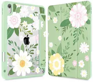 Tuiklol Case for iPad Air 13 (M3 2025 / M2 2024), Buit in Pencil Holder with TPU Protection Shockproof Cover Clear Transparent Back Trifold Stand-Auto Wake/Sleep Tablet Case, Flowers Green