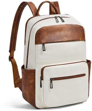 Leather Laptop Backpack for Women 15.6 Inch Laptop Travel Backpack Purse Casual Daypack with Laptop Compartment for College Work Nurse Business Weekender, Beige Brown