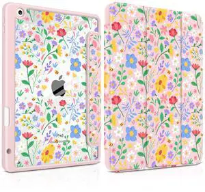 MEEgoodo Case for iPad 10.2 inch,Tablet Cases for iPad 9th Generation 2021/8th Gen 2020/7th Gen 2019 with Clear Acrylic Back Shell+Pencil Holder+Auto Wake/Sleep+Trifold Stand,Flat Spring Floral