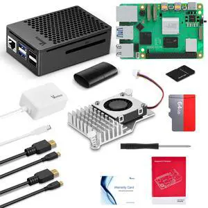 Vemico Raspberry Pi 5 16GB Kit with Pi 5 16GB Board, Protective Case and Active Cooler for Pi 5, 64GB Card, 27W Type-C Power Supply, Dual 4K Micro HD Out Cables, Card Adapter, Card Reader, Screwdriver