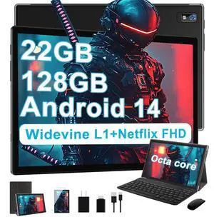 2025 Tablet 10 Inch Tablets with 22GB RAM 128GB ROM 1TB Expand, Octa-Core Android 14 Tablet with Keyboard Mouse, 8000mAh Battery, HD IPS Display, GPS, Widevine L1, Split Screen, Metal Body -Black