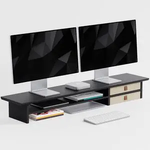 FENSULN DualTier Monitor Stand Riser with Drawers, Desktop Organizer Shelf Storage for Computer Screen 2 Monitors, Supports for PC Computer Monitor, Printer, Heavy TV Riser Black