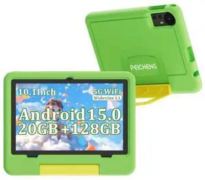 PEICHENG Tablet for Kids with EVA Protective Case, Android 15.0 Toddler Tab PC 10.1Inch RAM 20GB(4+16Expand) + ROM 128GB IPS 800 * 1280 5.0Bluetooth (Green)