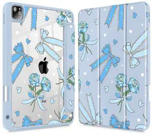Tuiklol for iPad Pro 11 Inch Case M2 2022 Gen 4th -Built-in Pencil Holder Shockproof Cover Clear Transparent Back Shell Fit for iPad 11 2021 2020 2018 Gen 3rd/2nd/1st for Kid,Bow & Rose Blue