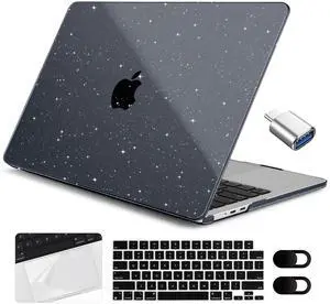Yebiseven Case for MacBook Air 15 inch 2024/2023, Hard Shell with Keyboard & Trackpad Protector, OTG Adapter & Camera Cover, Glitter Black