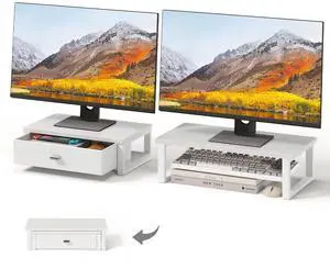 WOHOMO Dual Monitor Stand Riser with Drawers, Desk Organizers for 2 Monitors, Desktop Storage Stand for Computer,Laptop,White