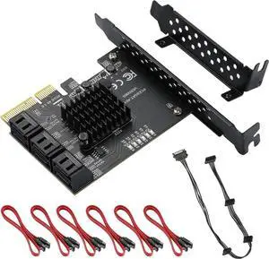 YABOANG SATA X4 Karte 6 Port Erweiterungskarte, PCIe to Controller Expansion Card, 6Gbps PCIe Card with 6 SATA Cables, ASM1166 6-Port-Chip, Integrated Adapter Converter for Desktop PC
