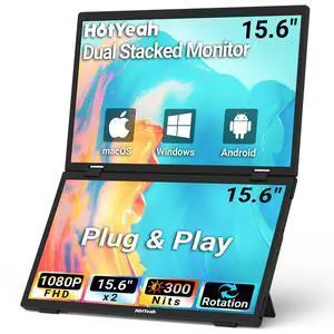 HotYeah Triple Laptop Screen Extender, 15.6'' Dual Stacked Monitor (Windows/MAC), USB-C HDMI 1080P IPS, Plug & Play, Folding Extended Monitor Extender w/Kickstand & 180° Rotation